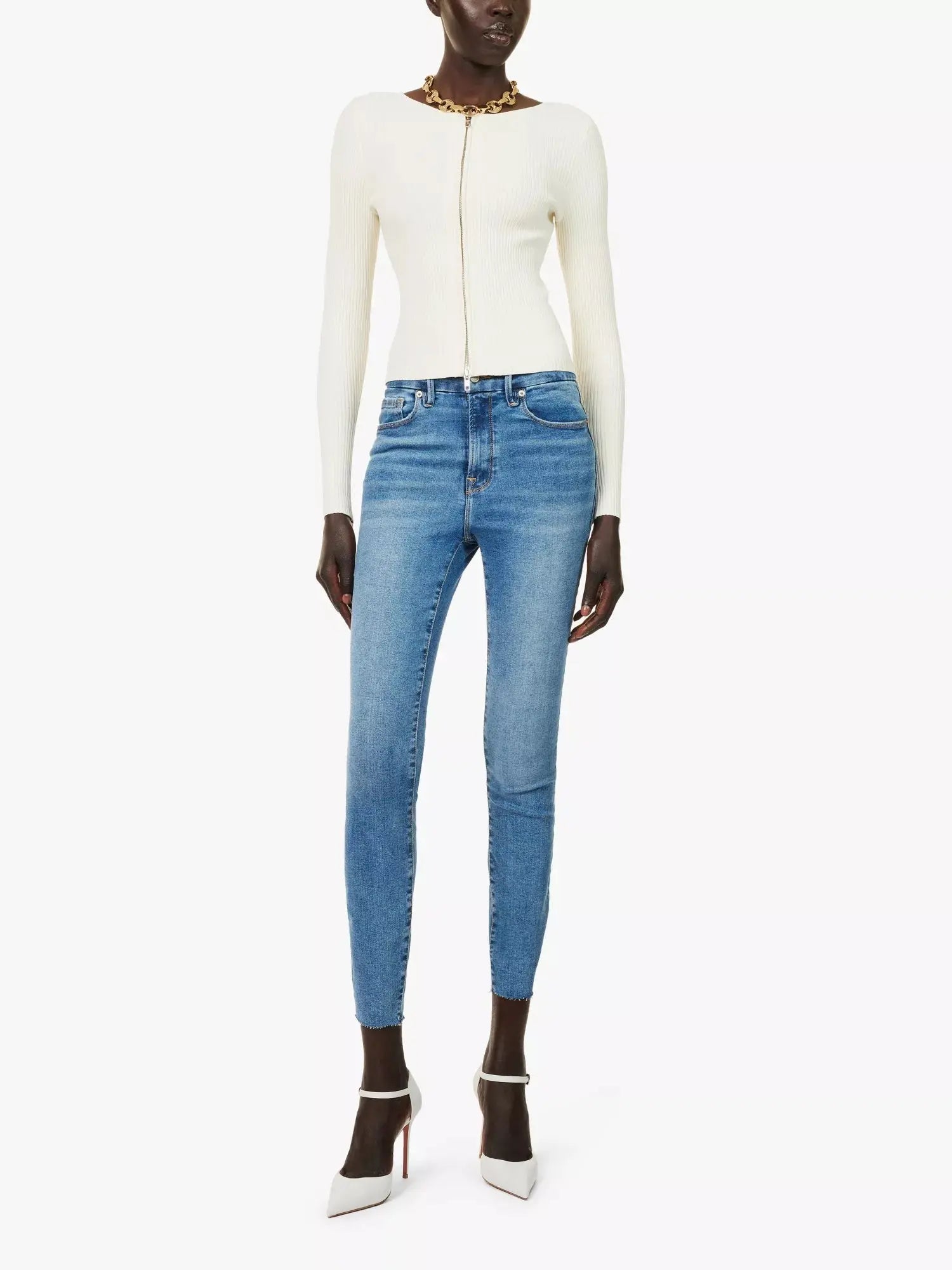 Good American Women's Af Good Waist five pockets skinny mid-rise stretch cotton-blend denim jeans Good American