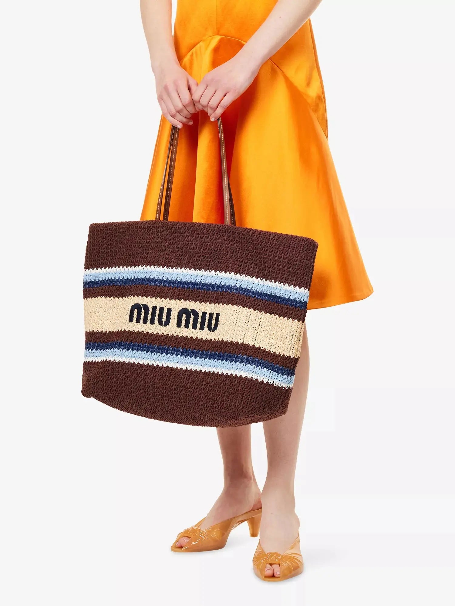 Miu Miu Women's Striped Embroidered-Logo Woven Tote Bag Miu Miu