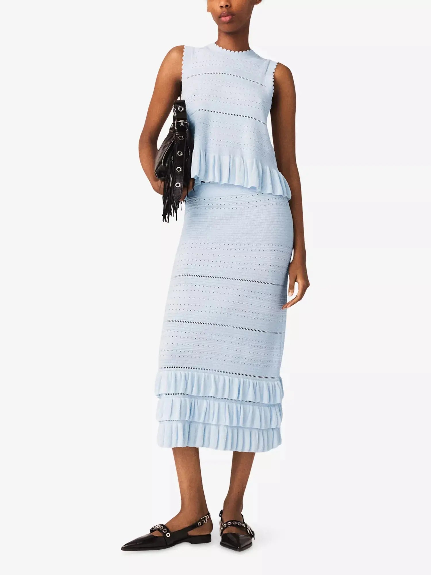 Maje Women's Ruffled-Hem Openwork Knitted Midi Skirt Maje