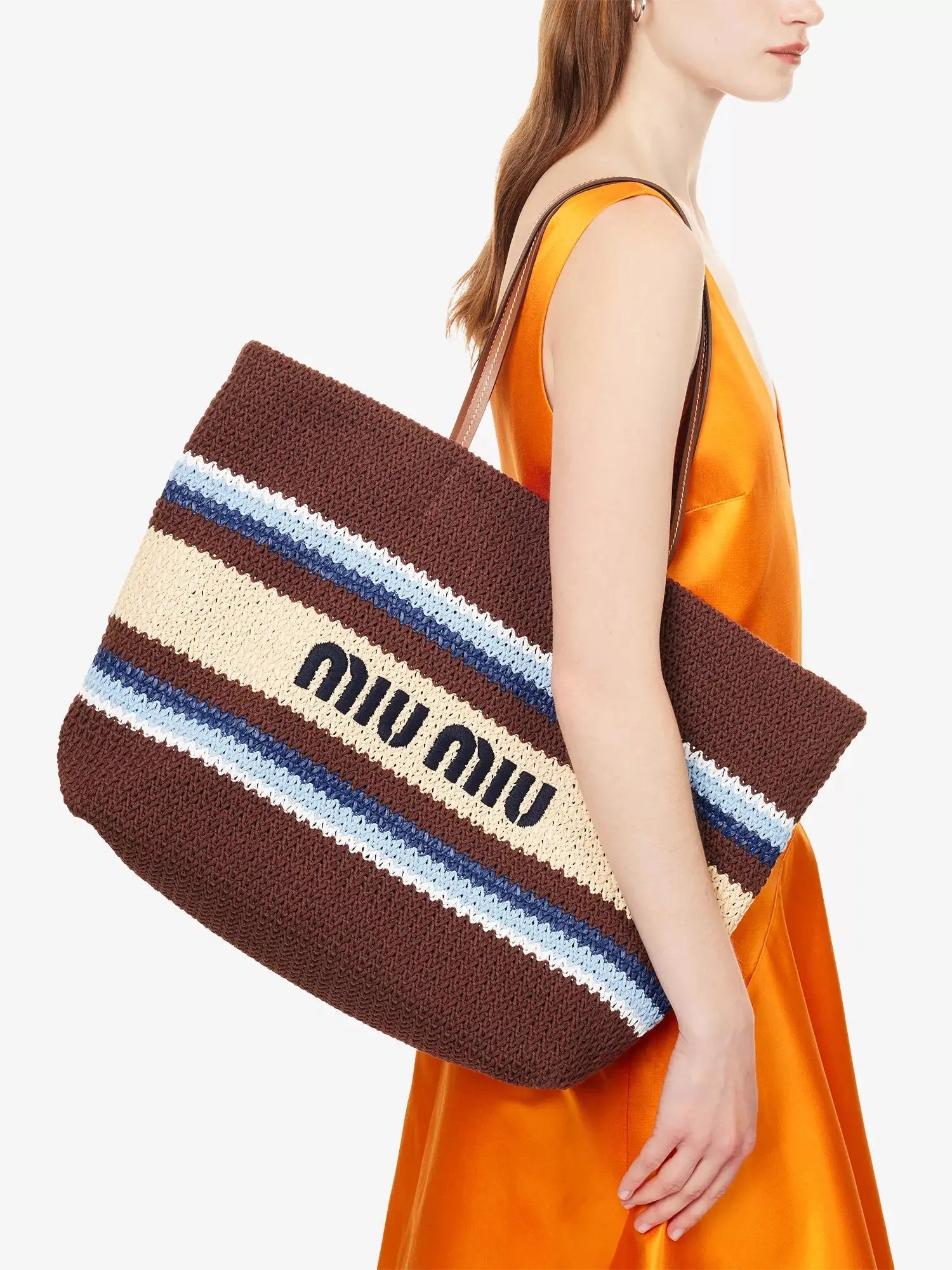 Miu Miu Women's Striped Embroidered-Logo Woven Tote Bag Miu Miu