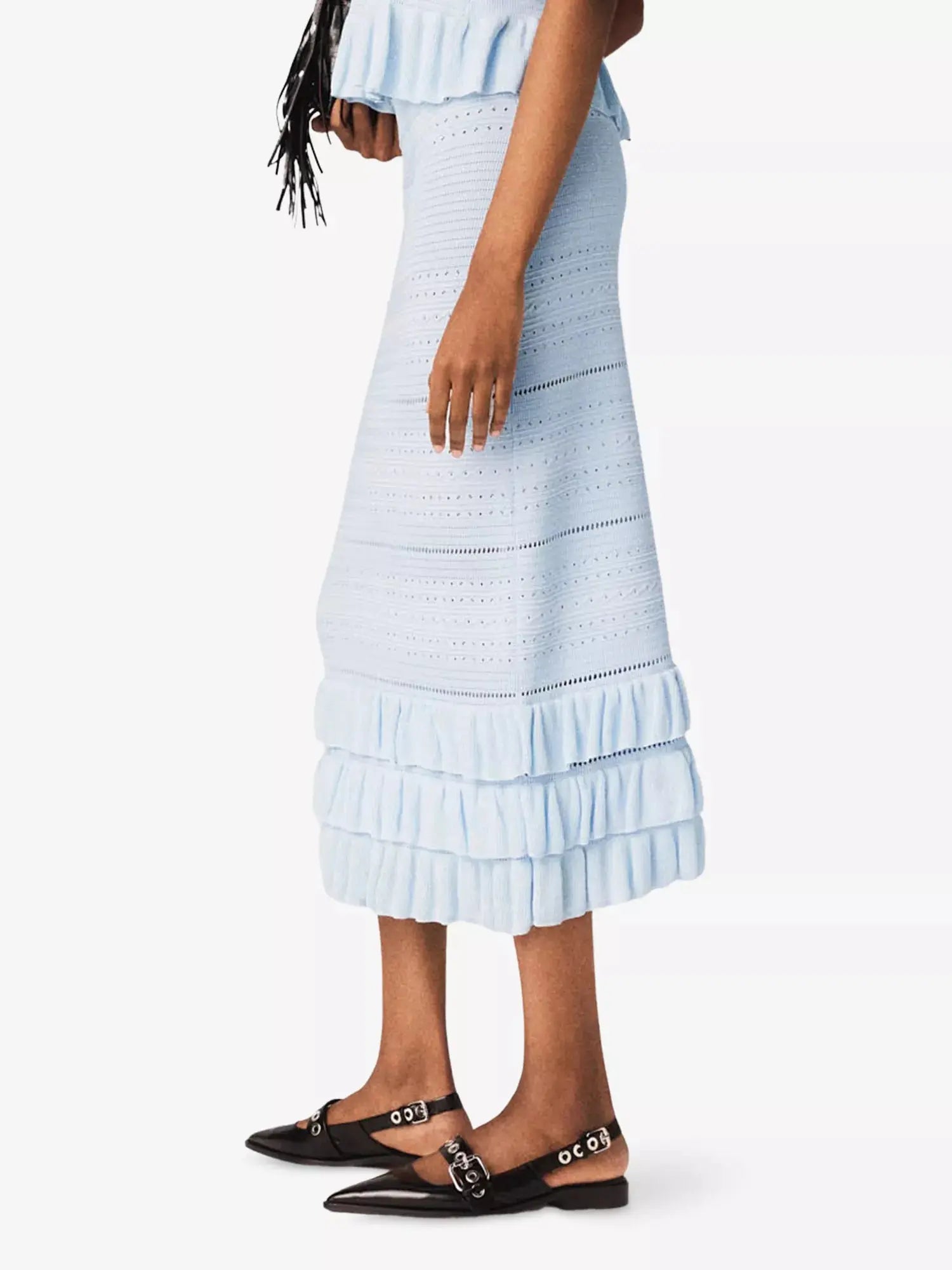 Maje Women's Ruffled-Hem Openwork Knitted Midi Skirt Maje