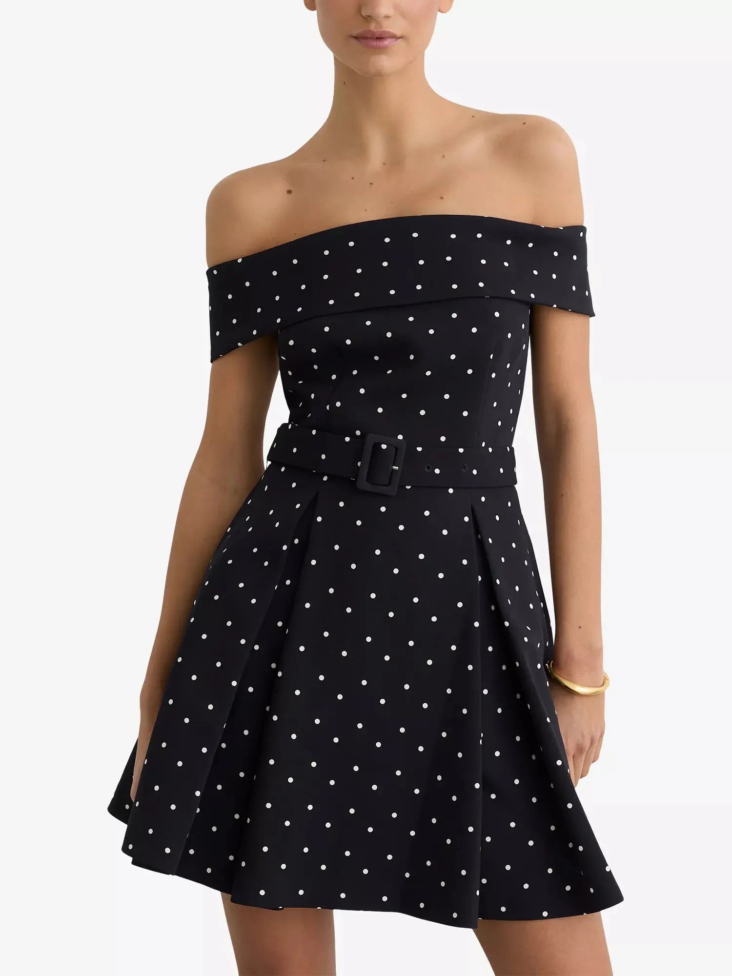 Reiss Women's Arwen Polka-Dot Bardot Stretch-Woven Mini Dress Reiss