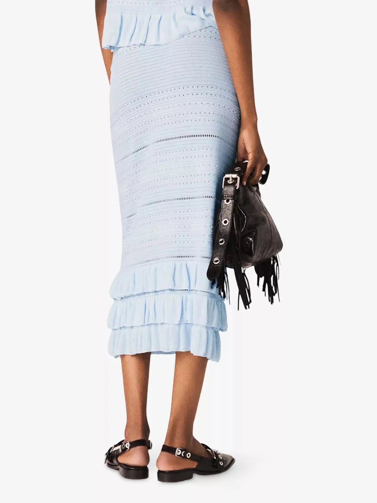 Maje Women's Ruffled-Hem Openwork Knitted Midi Skirt Maje