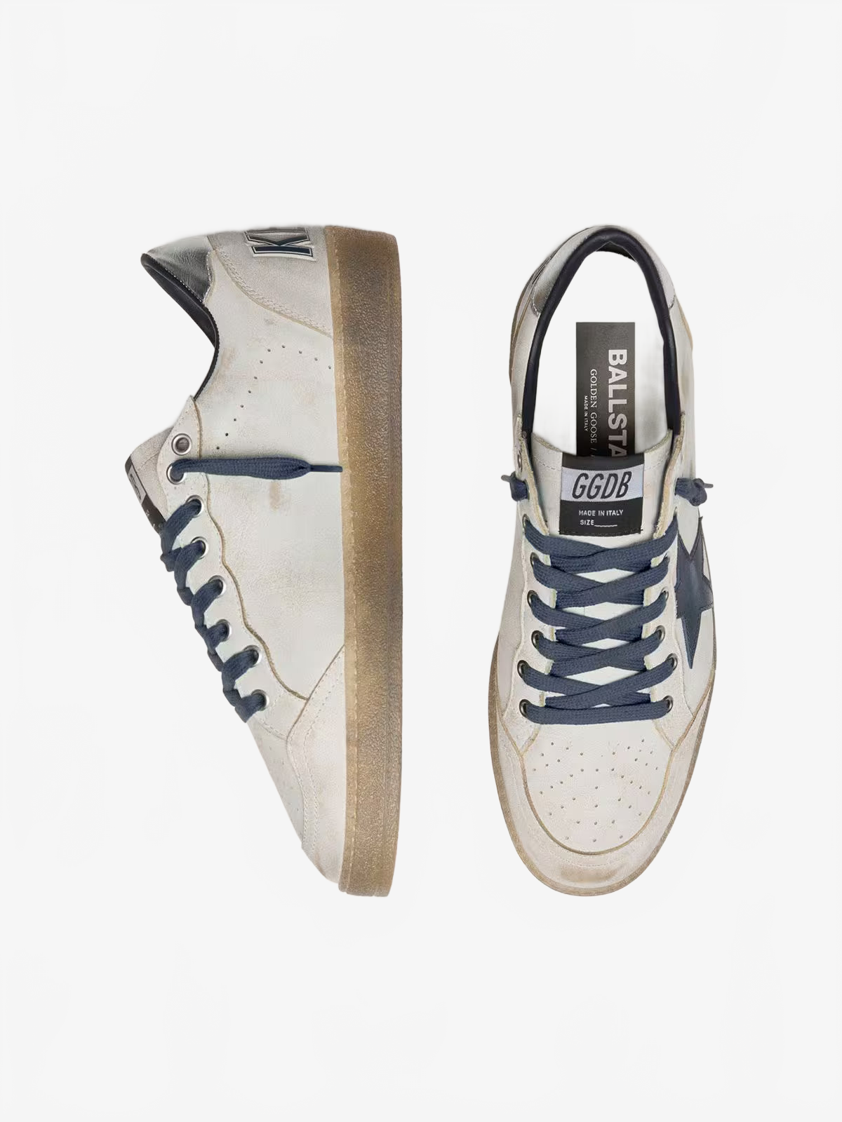 Golden Goose Men’s Ball Star in white leather with dark blue leather star and silver laminated leather heel tab Golden Goose