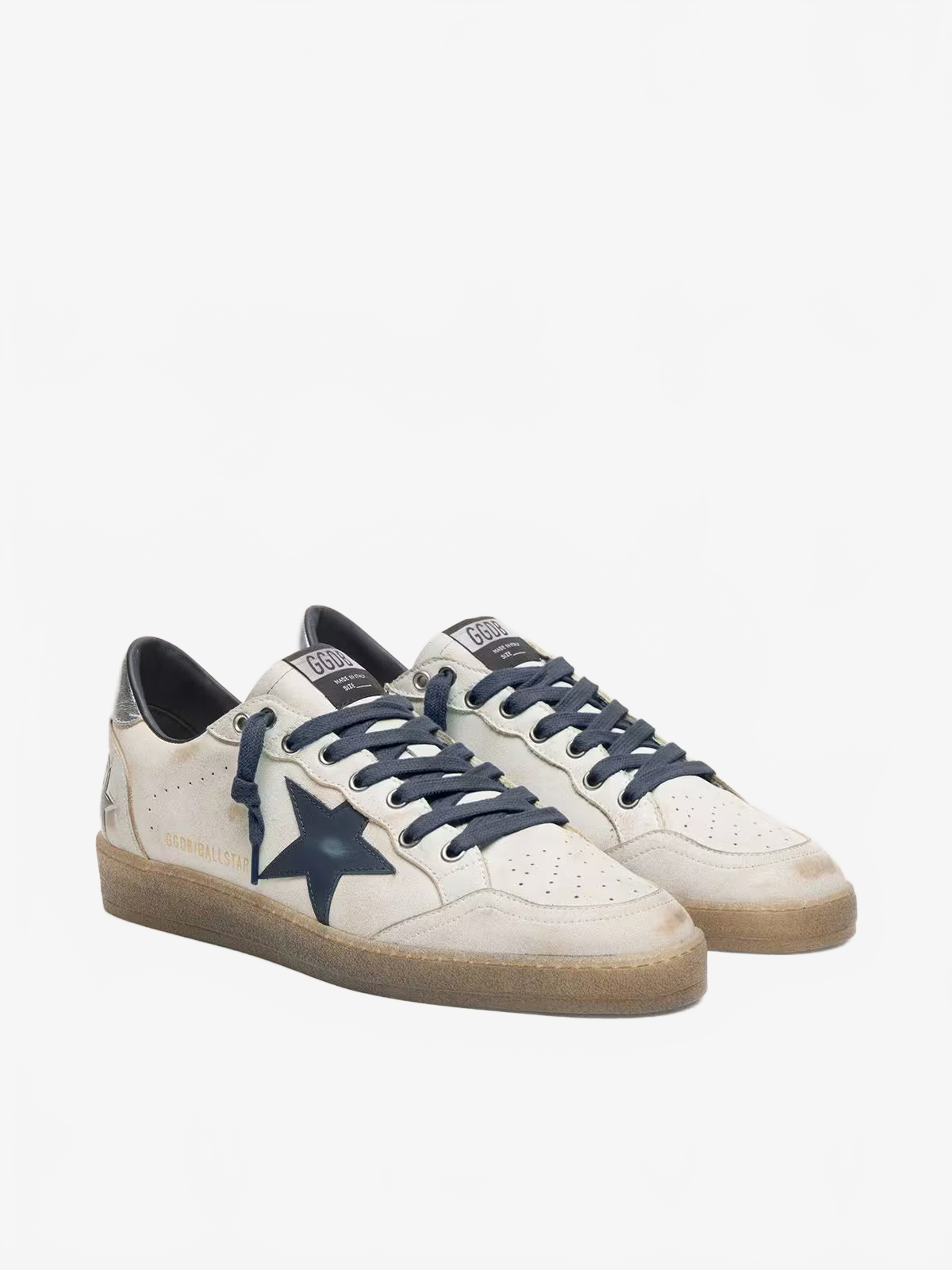 Golden Goose Men’s Ball Star in white leather with dark blue leather star and silver laminated leather heel tab Golden Goose
