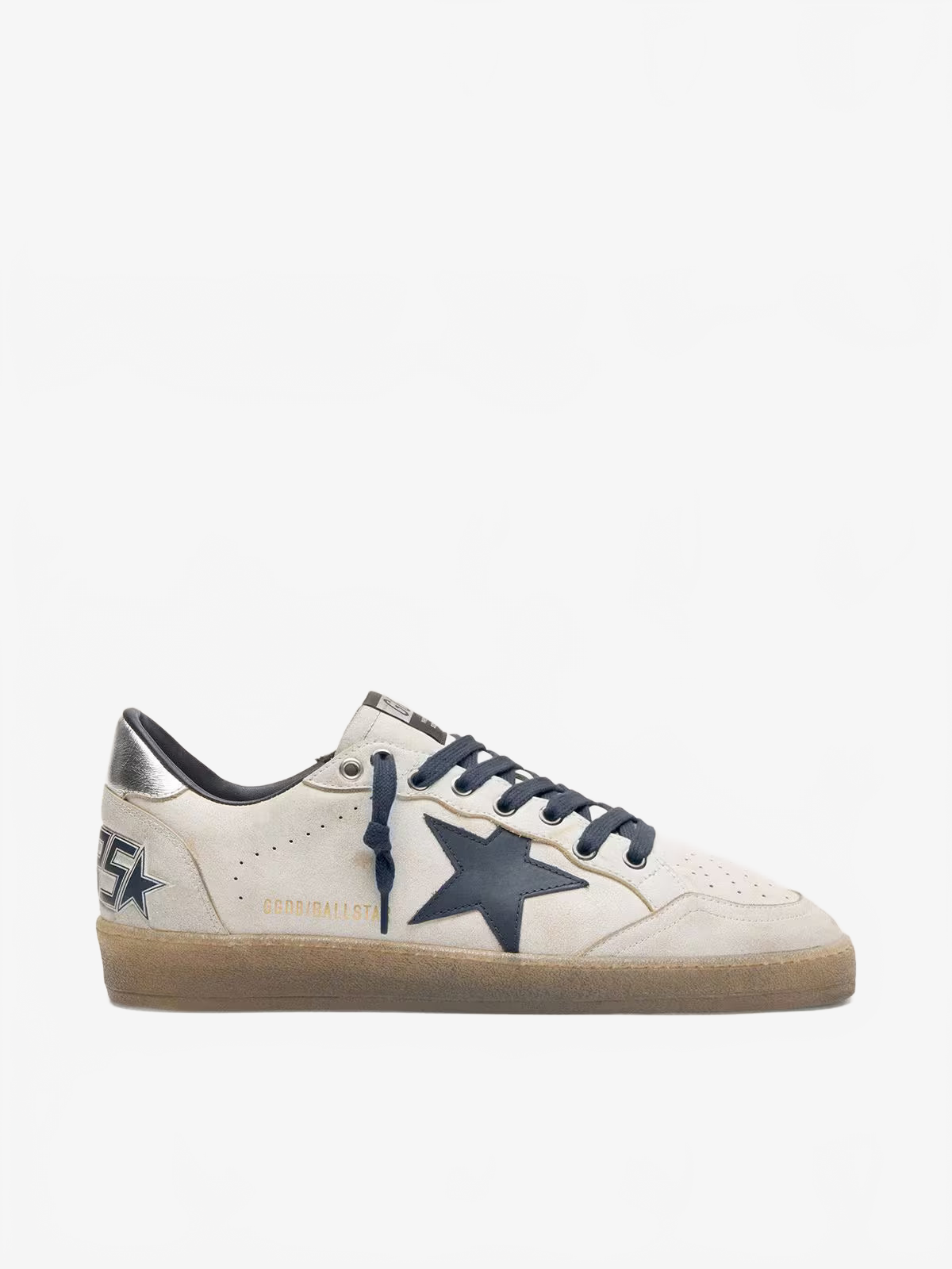 Golden Goose Men’s Ball Star in white leather with dark blue leather star and silver laminated leather heel tab Golden Goose