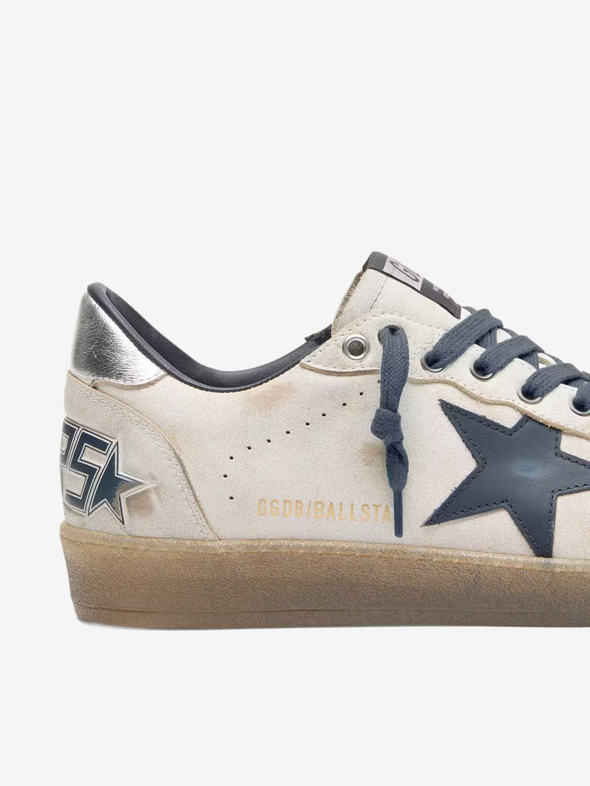 Golden Goose Men’s Ball Star in white leather with dark blue leather star and silver laminated leather heel tab Golden Goose